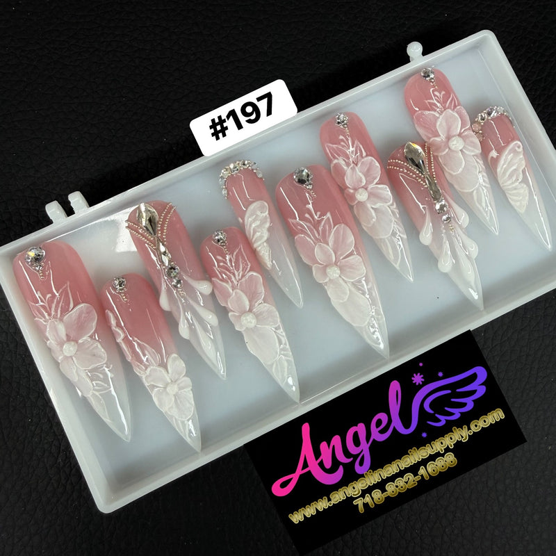Angelina Handmade Custom Press-On Long Nail Design #197 - Blushing Bridal Bloom