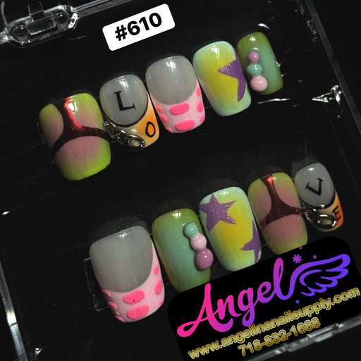 Colorful nail art display with 'Angel' branding on a black background