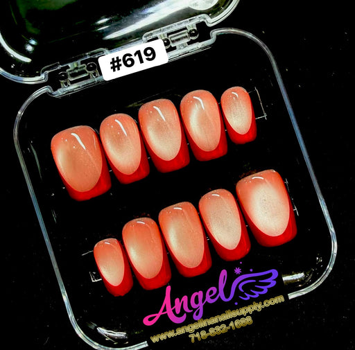 Set of red and pink gradient nails in a clear case with 'Angel Nail Supply' branding.