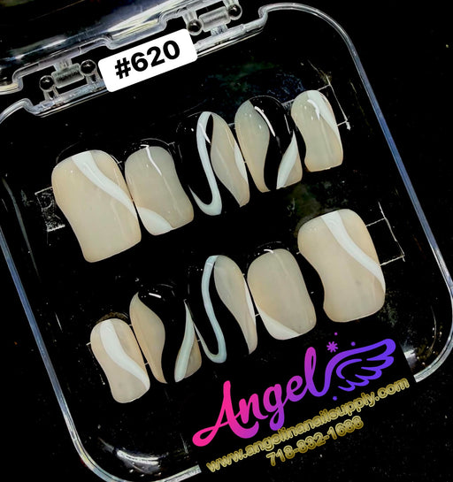 Set of beige and white nail tips in a clear case with 'Angel' branding.