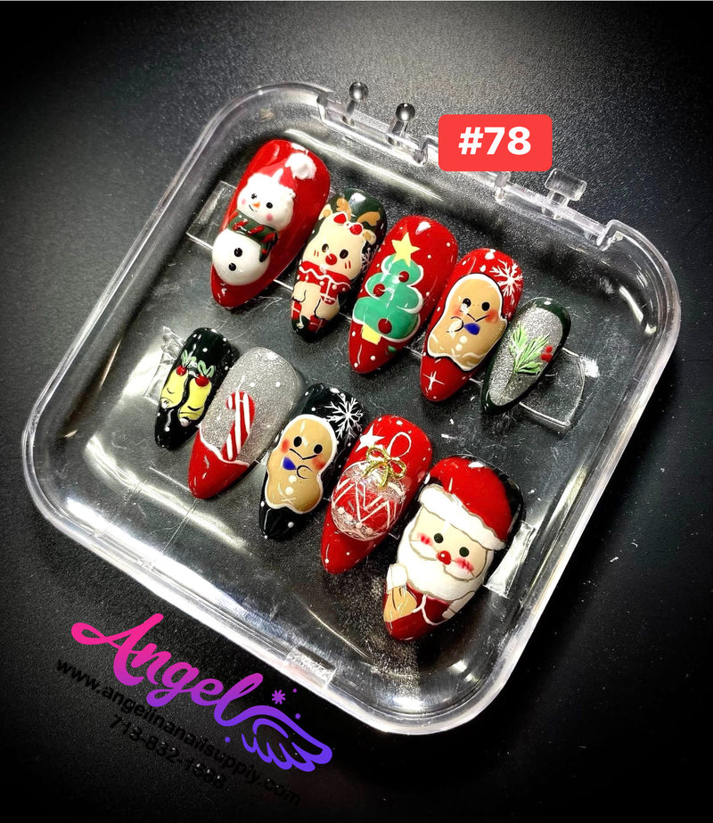 Angelina Handmade Custom Press-On Nails #060-#089 Christmas Red Glitter, Snowflake Holiday Design, Winter Press-On Nail Set