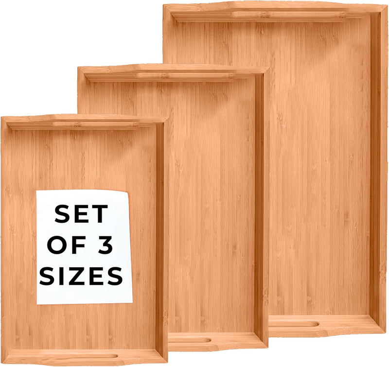 Bamboo Wood Spa-Serving Tray with Handles (Set of 3 sizes)