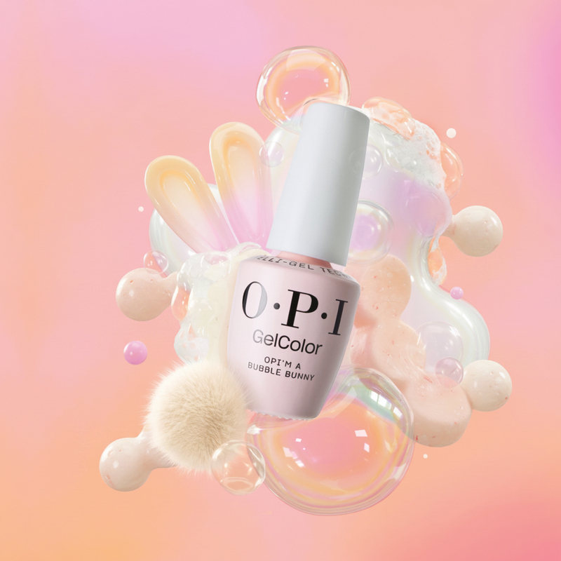 OPI GelColor nail polish bottle with a bubble-themed design on a gradient background