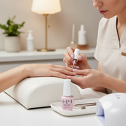Hand holding a bottle of OPI GelColor nail polish with matching nails on a pink background