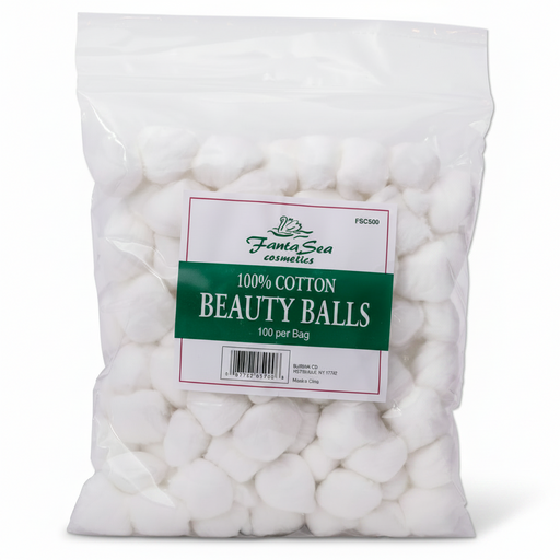 Bag of cotton beauty balls with a label on a white background