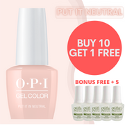 OPI gel color nail polish bottle with promotional text on a light pink background